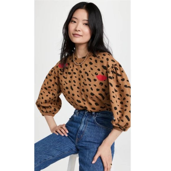 Clare V Sweaters - Clare V. Drop Shoulder Sweatshirt Cheetah Print Red Lips Size Large Puff Sleeves